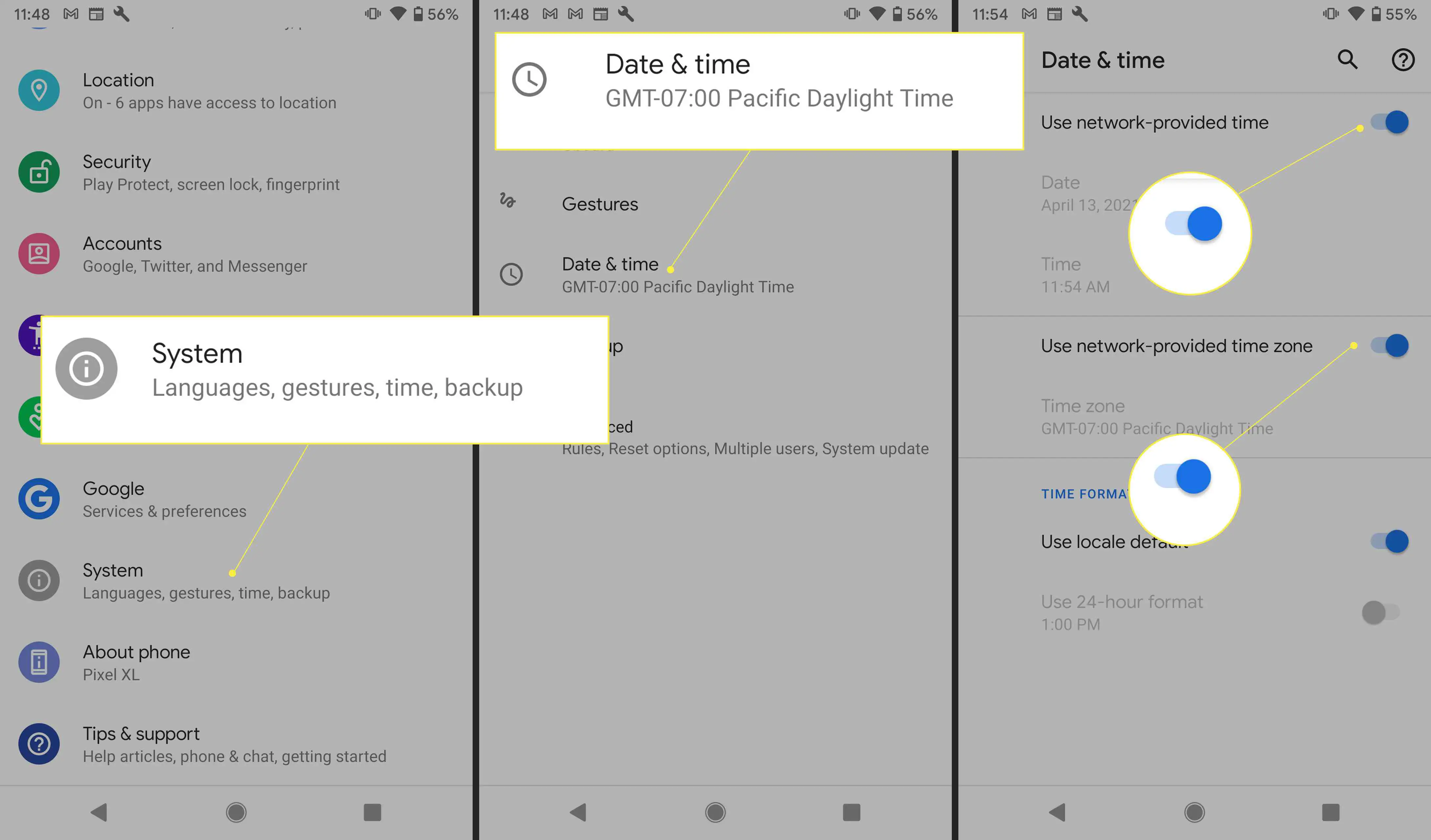 Configurações do Android com "Sistema", "Data e hora" e alternador de hora da rede realçados