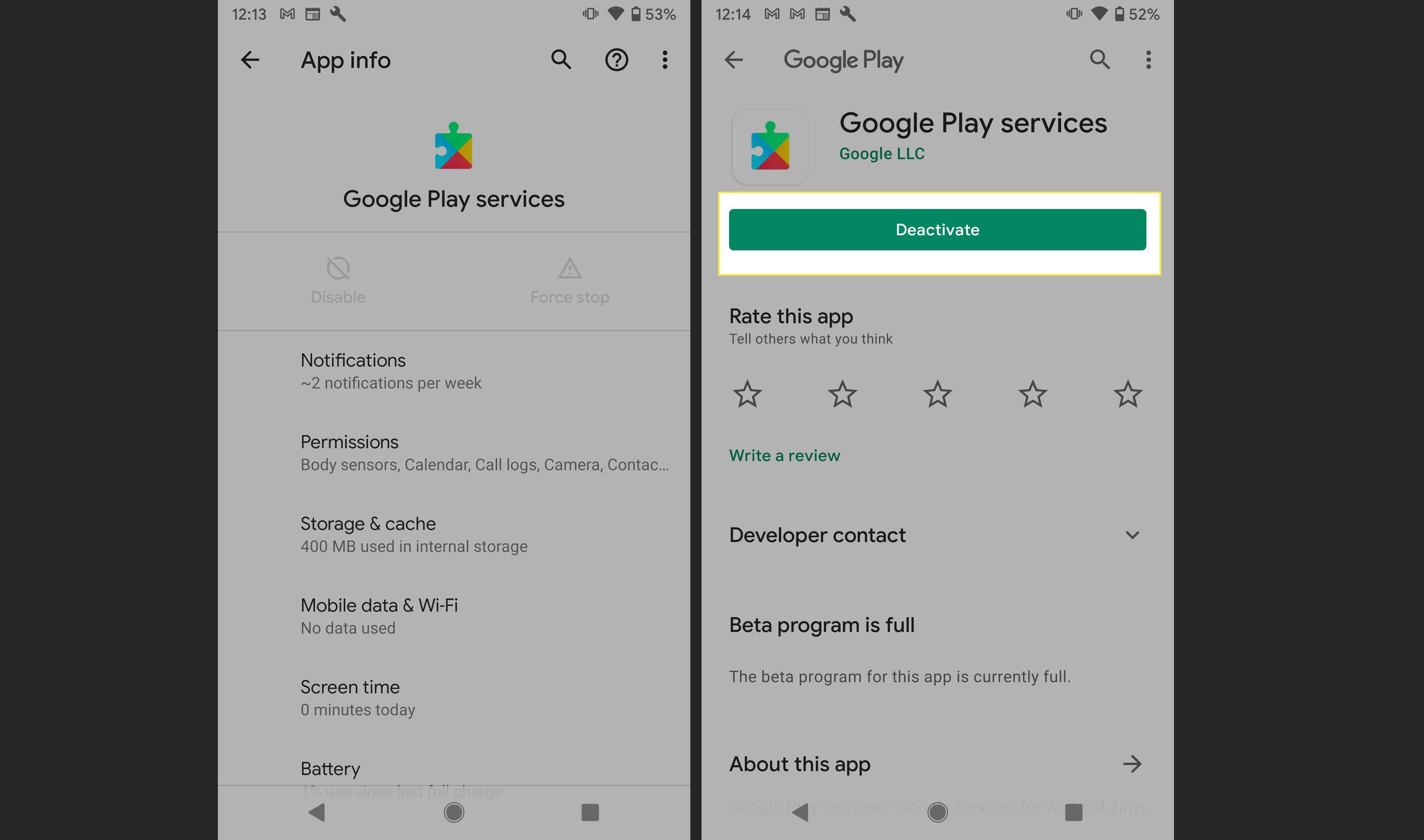Aplicativo Google Play Services em um Android com Desativar destacado