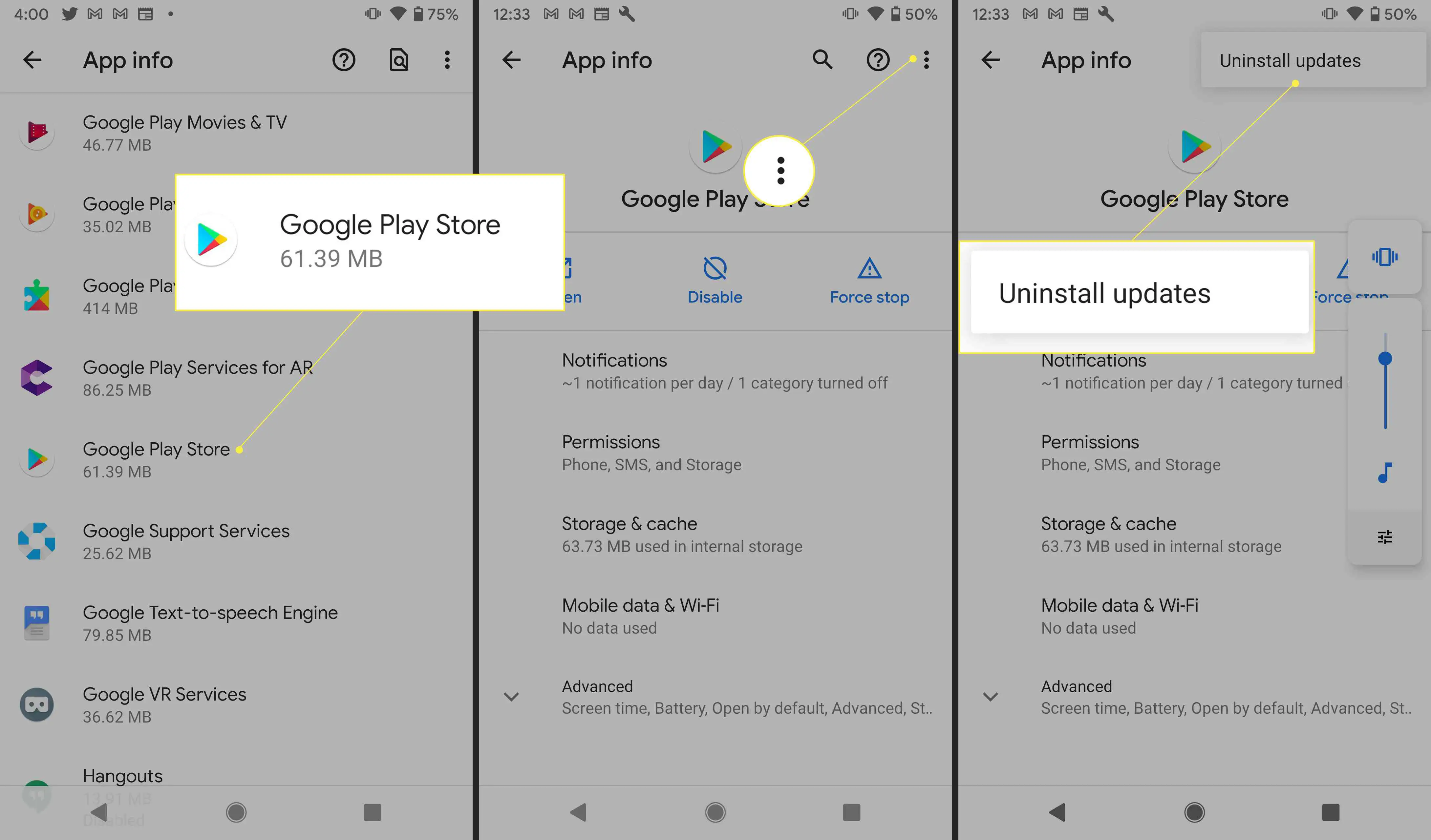 Configurações da Google Play Store com "Desinstalar atualizações" destacado