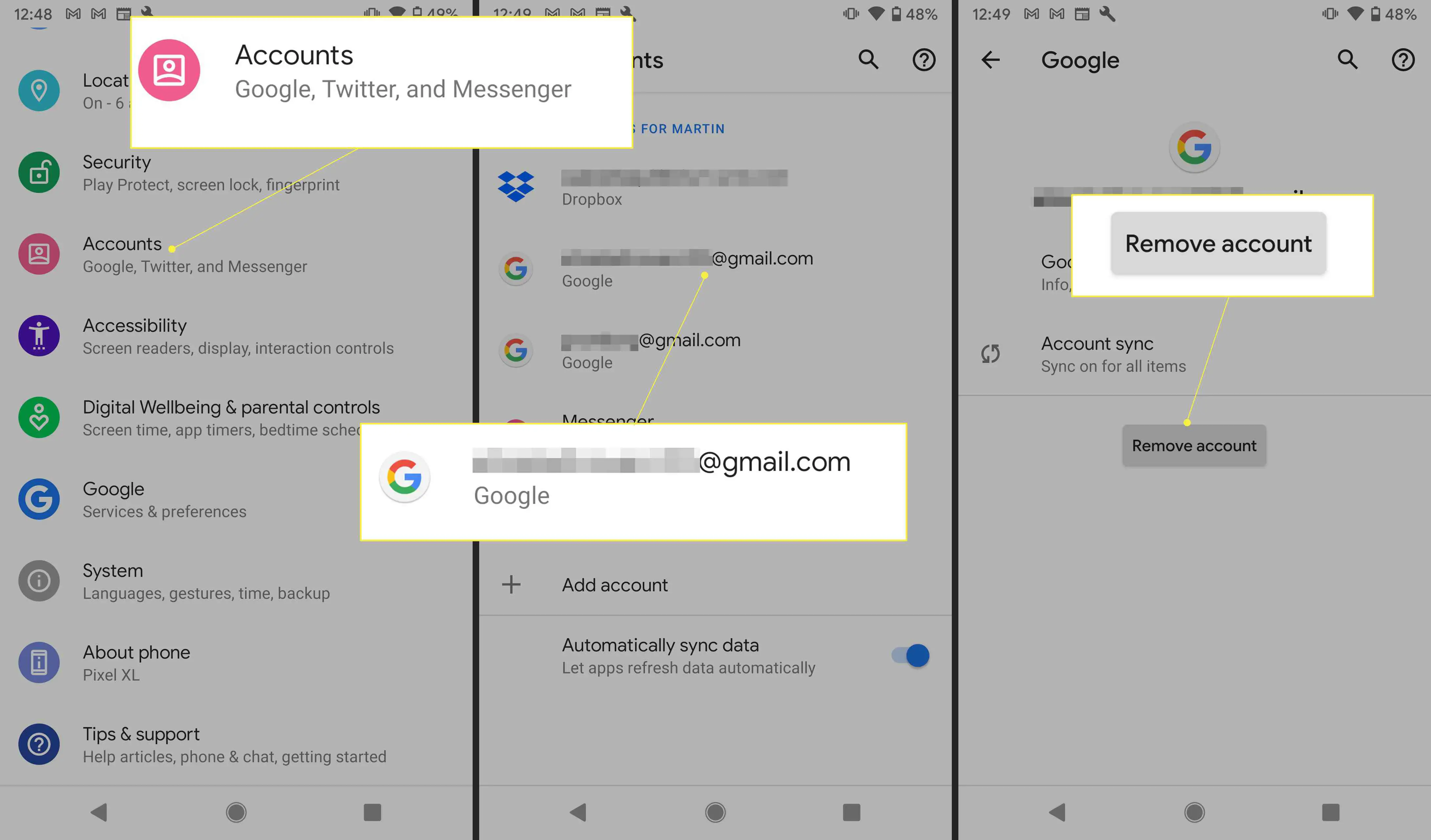 Configurações do Android com conta, uma conta do Gmail e "Remover conta" destacados
