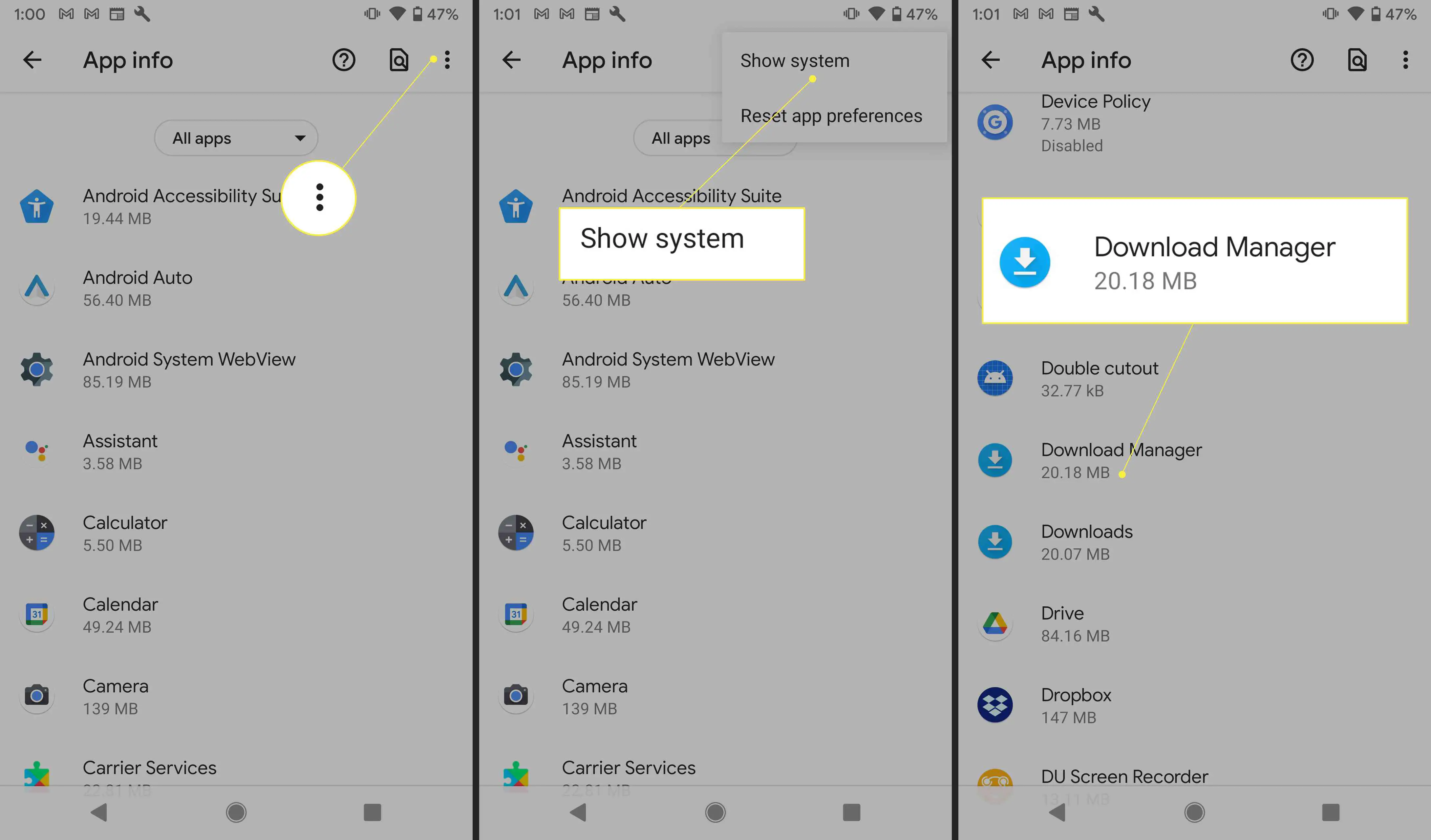 Configurações do Android com Mais, Mostrar Sistema e Gerenciador de Download destacados