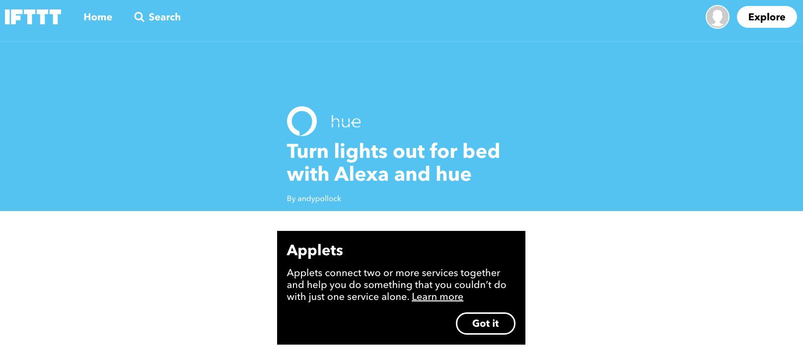 Captura de tela do miniaplicativo IFTTT dizendo a Alexa para apagar as luzes da cama