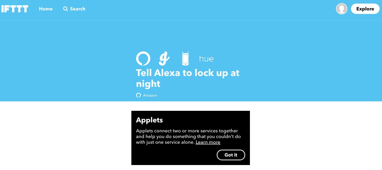 Captura de tela do aplicativo IFTTT que diz a Alexa para travar à noite.