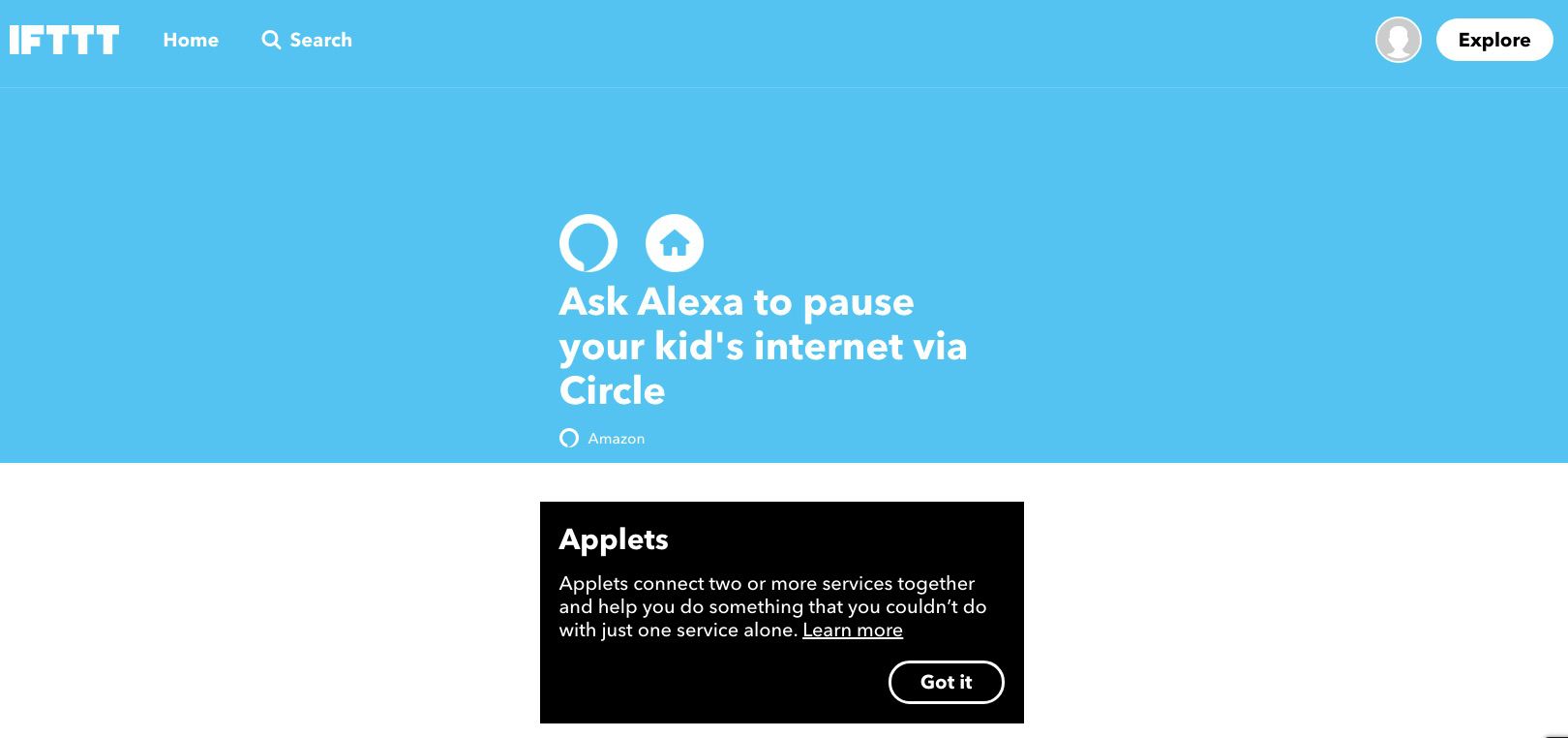 Captura de tela do miniaplicativo IFTTT que permite pausar a Internet do seu filho