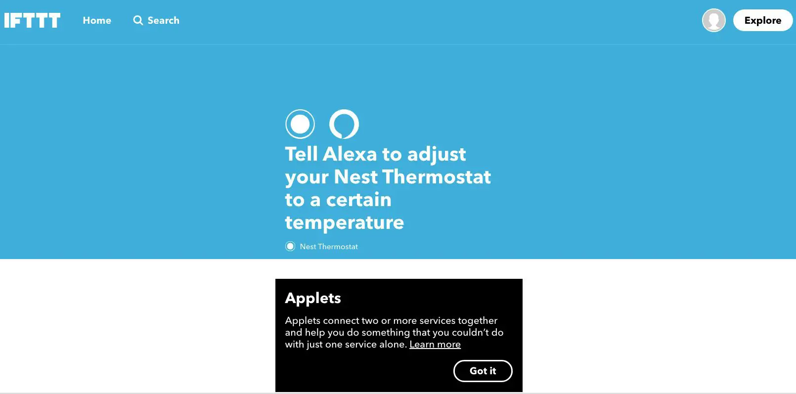 Captura de tela do miniaplicativo IFTTT que instrui Alexa a ajustar o Nest Thermostat