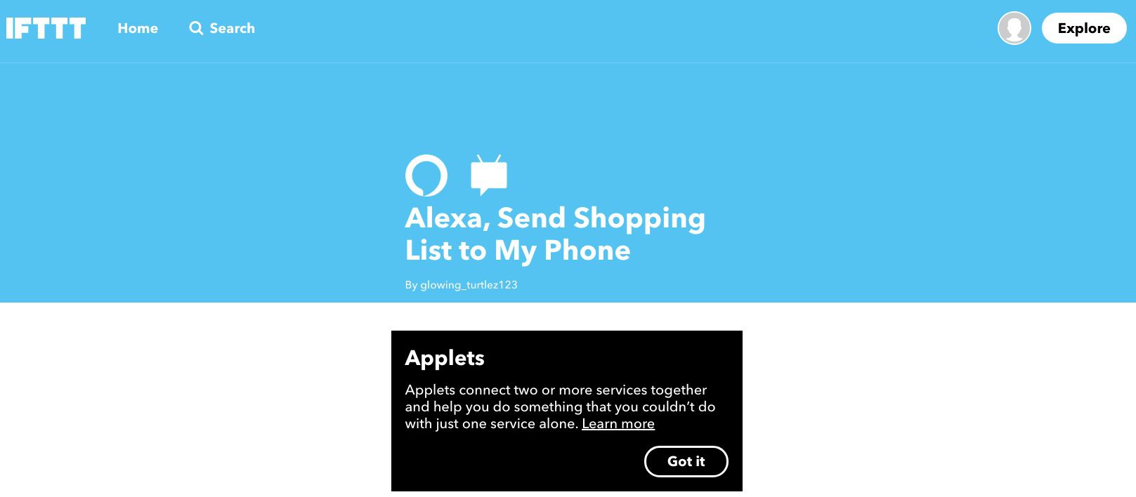 Captura de tela do miniaplicativo IFTTT que permite que Alexa envie a lista de compras para o telefone