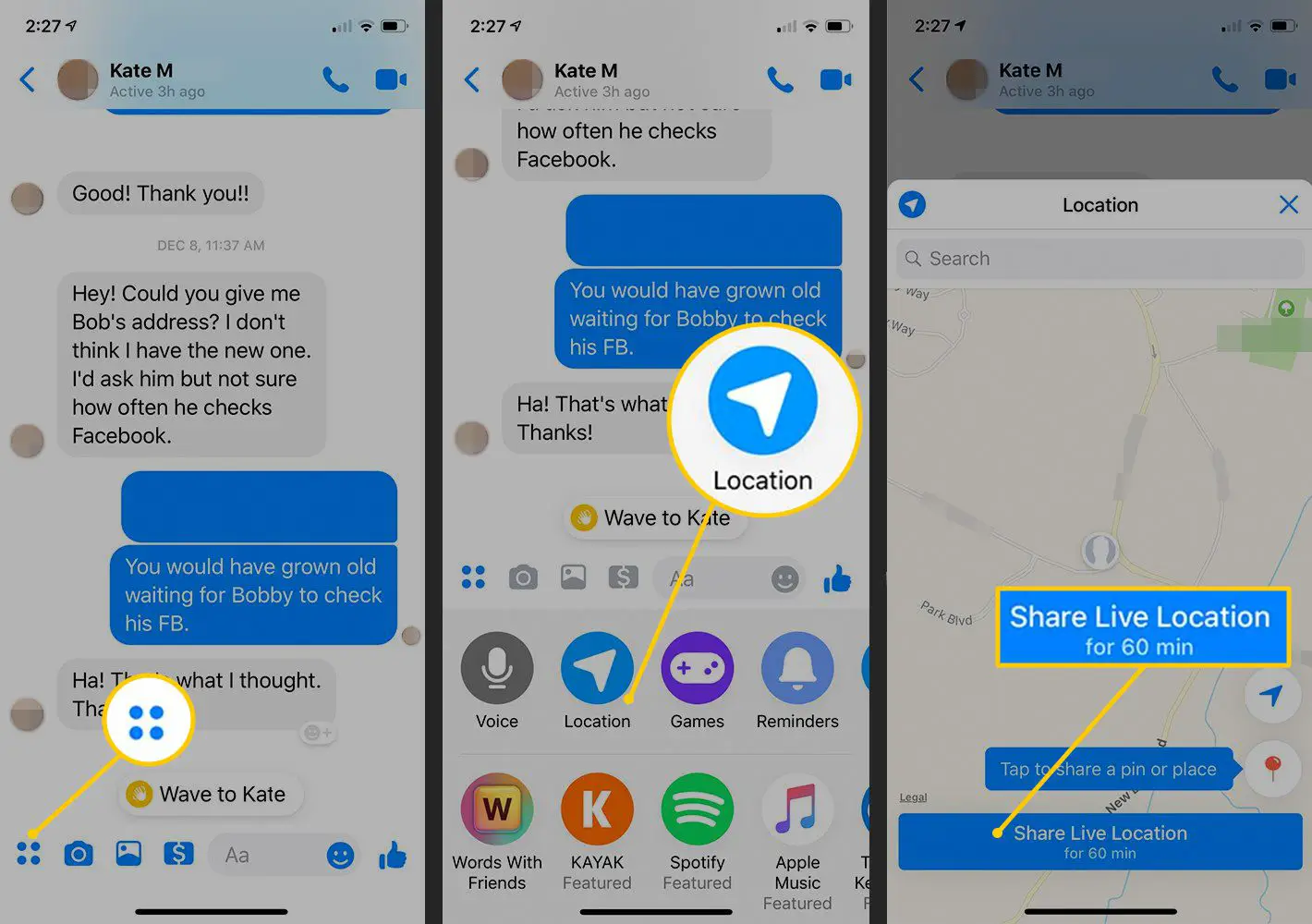 Quatro pontos, ícone de localização, compartilhamento de localização ao vivo por botões de 60 minutos no Facebook Messenger