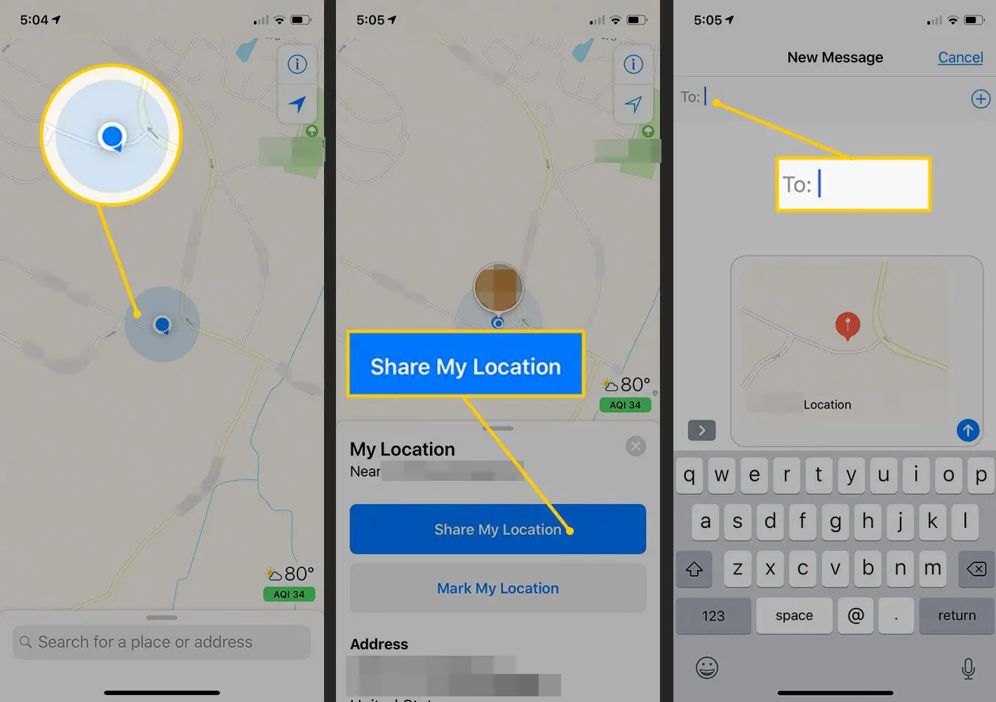 Marcador de mapa, campo Compartilhar meu local e Para: no aplicativo de mensagens no iOS