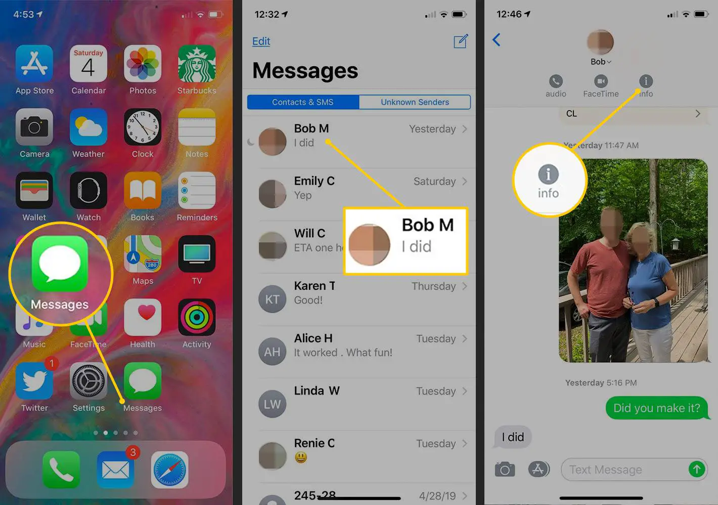 Botão de mensagens, contato e informações no iOS