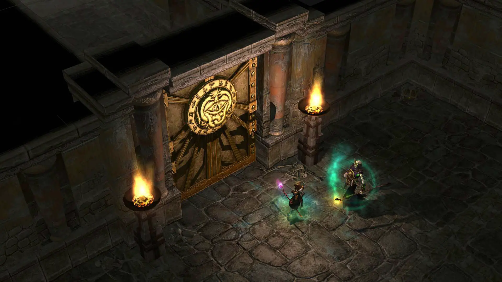   Cena do jogo Titan Quest mostrando um portão e dois magos