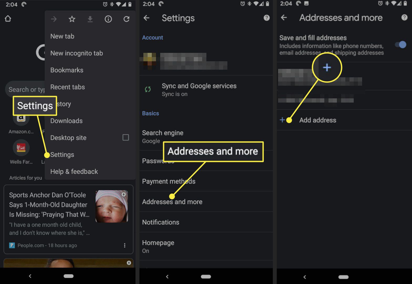 Configurações, endereços e mais e o botão Adicionar no Android