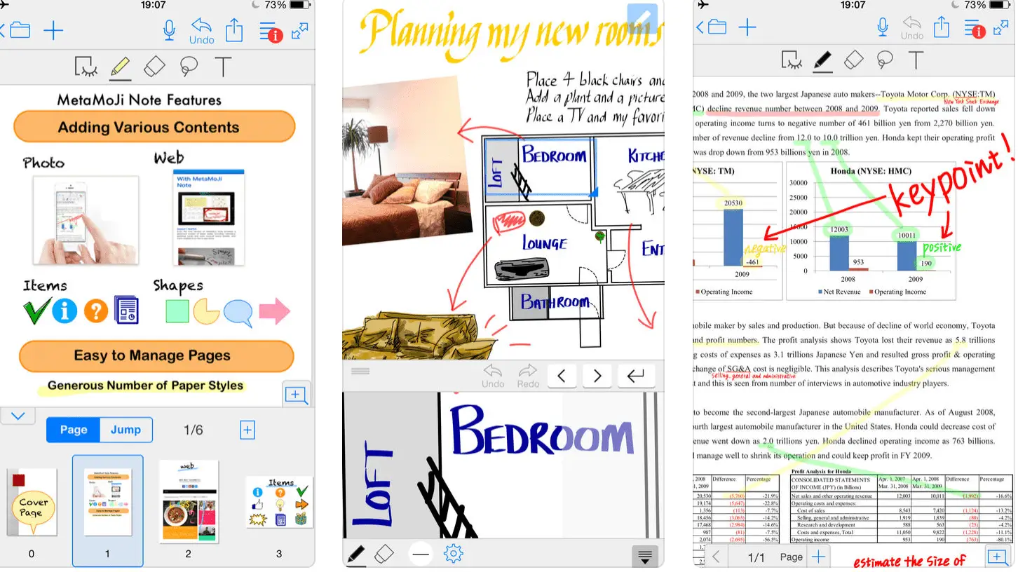 Captura de tela do aplicativo de anotações para iPad, MetaMoJi Note, da MetaMoJi Corporation