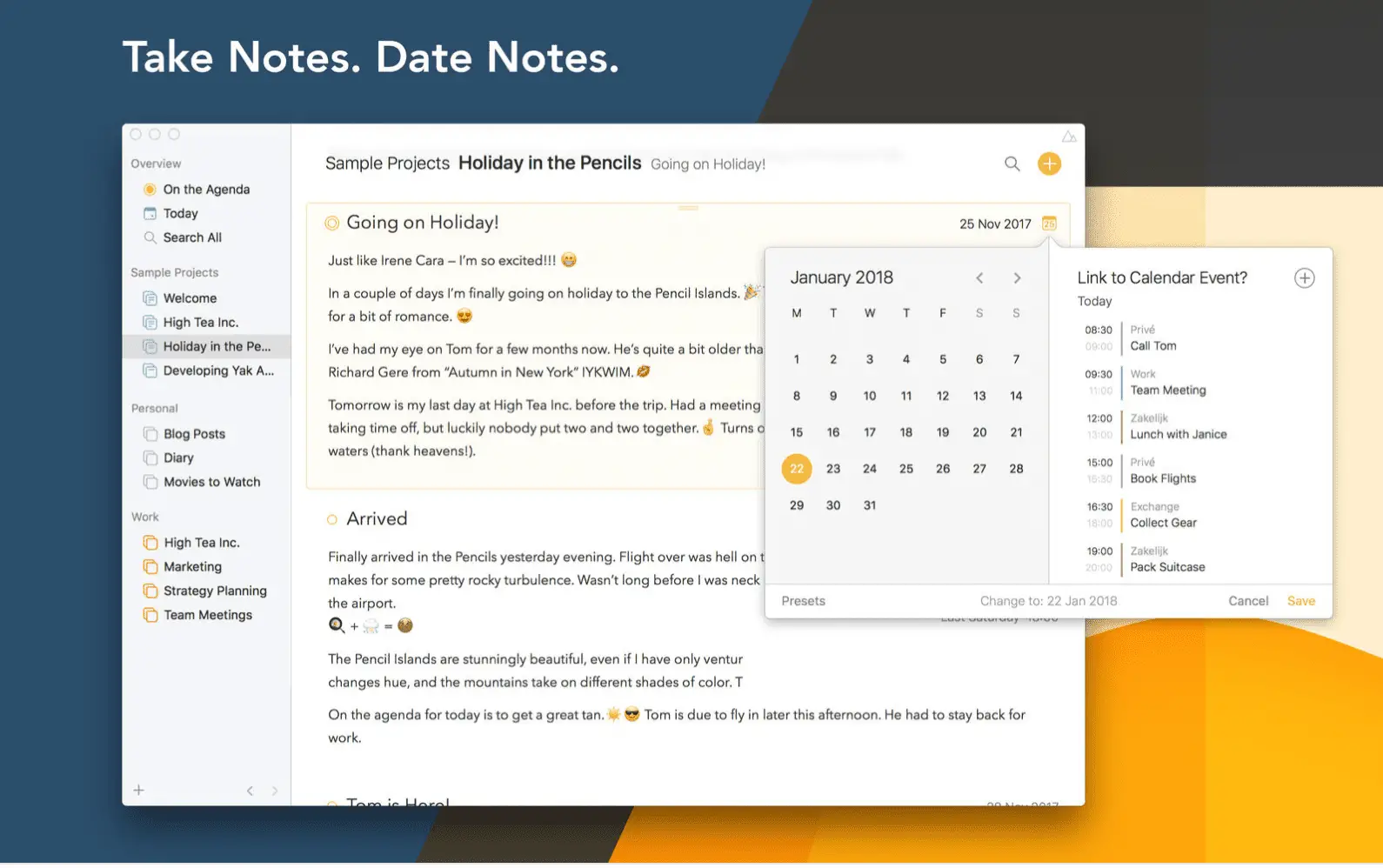Captura de tela do aplicativo de anotações para iPad, Agenda - Uma nova visão do Notes 9+ Momenta BV