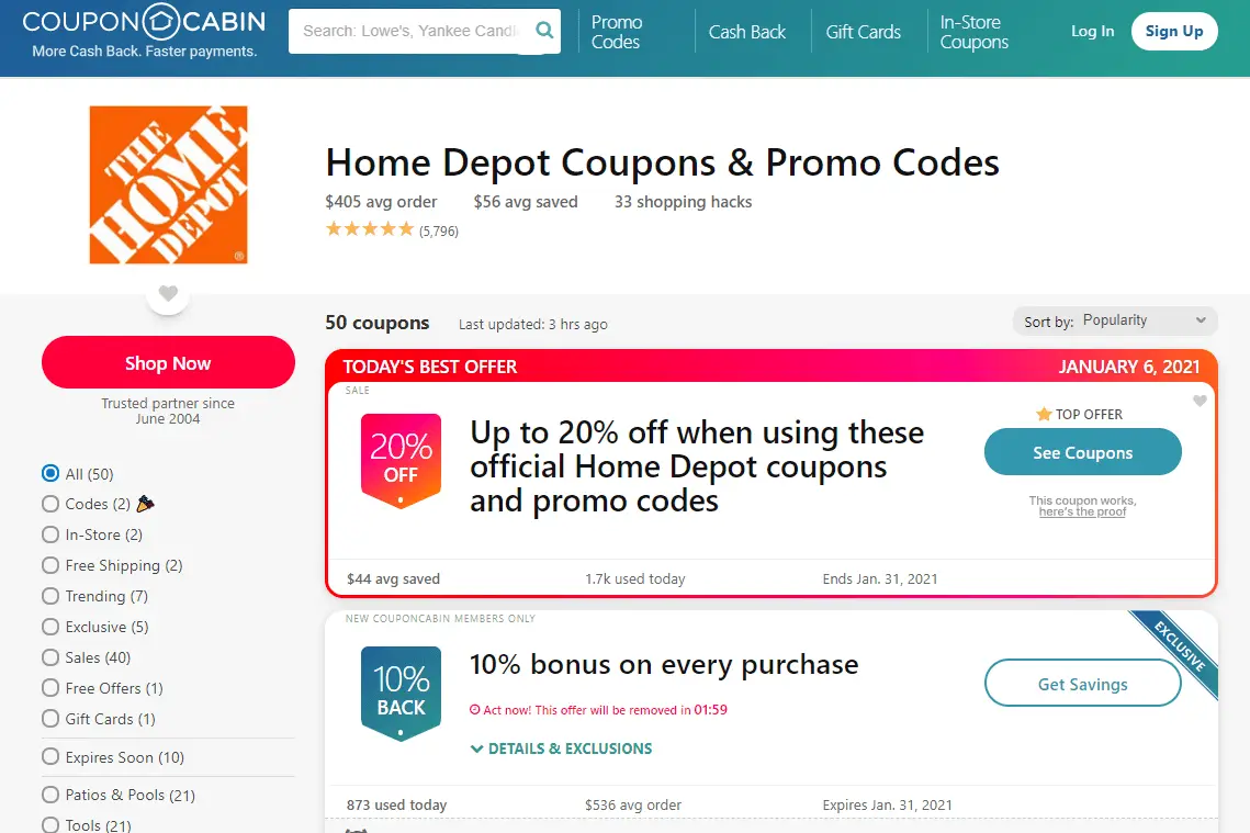 Captura de tela dos códigos promocionais CouponCabin para Home Depot