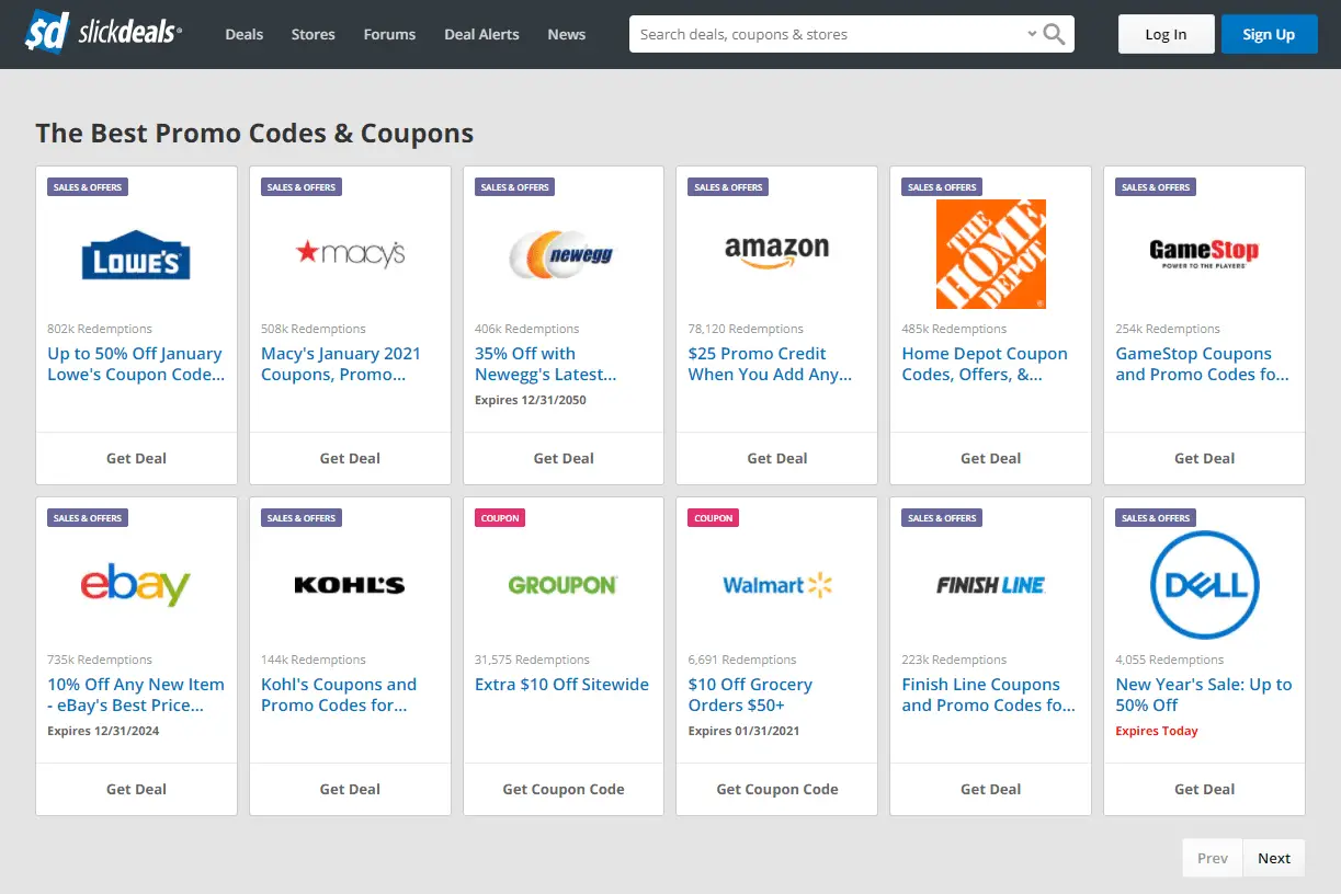 Captura de tela dos melhores códigos promocionais e cupons no Slickdeals