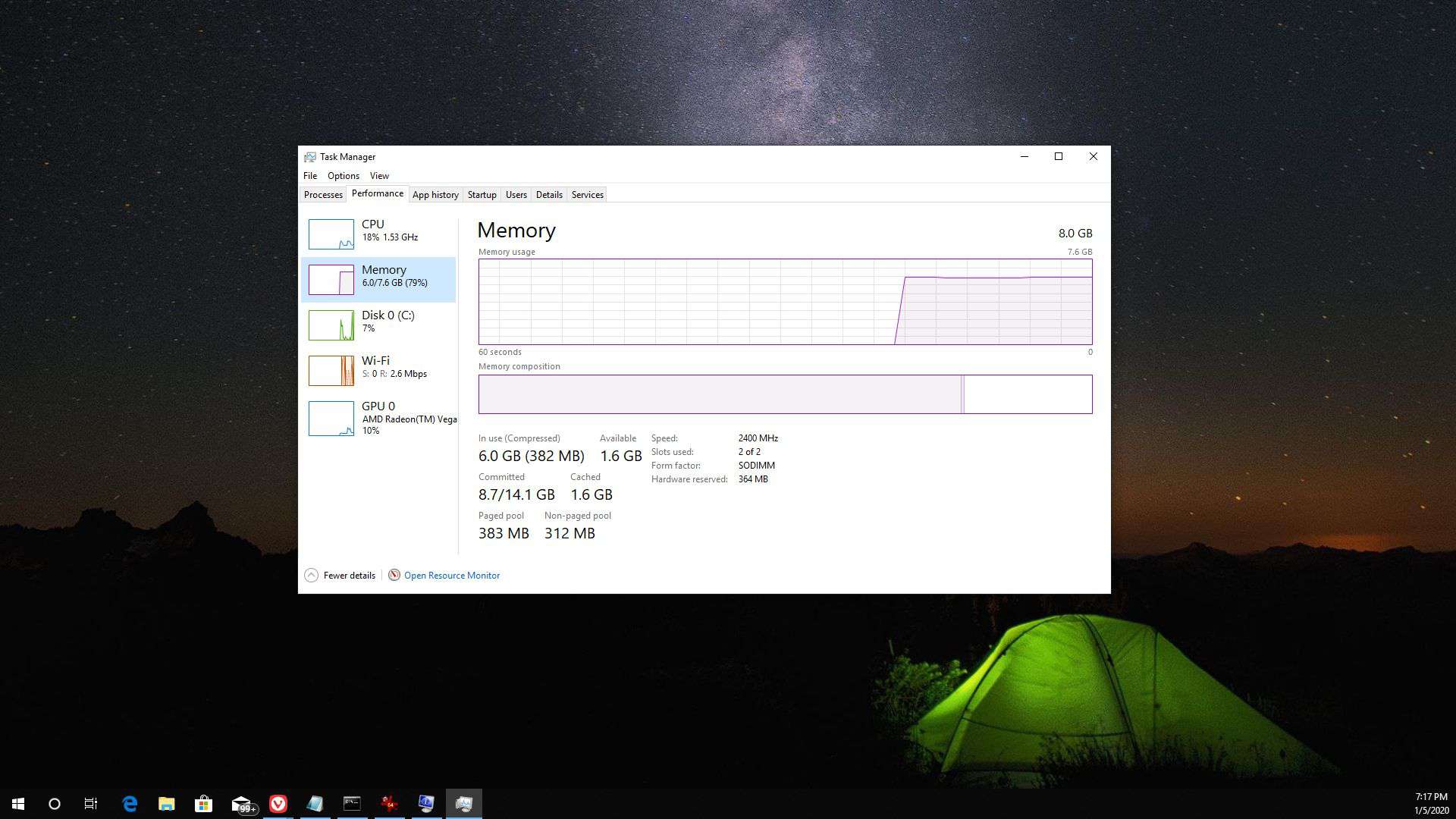 Captura de tela da RAM na barra de tarefas do Windows 10