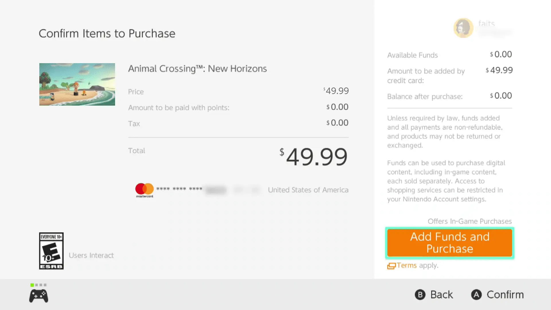 O botão Adicionar fundos e comprar destacado no Nintendo eShop.