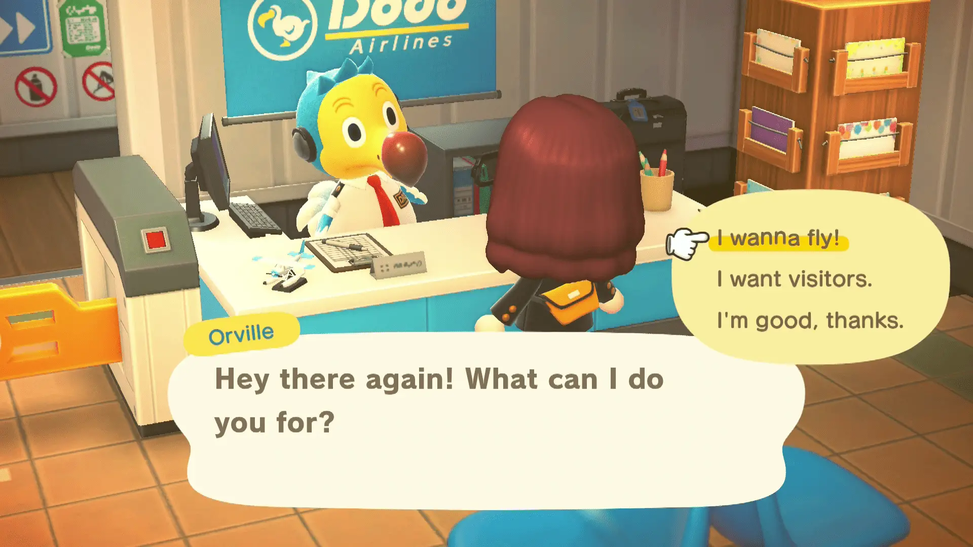 Eu quero voar!  selecionado em Animal Crossing.