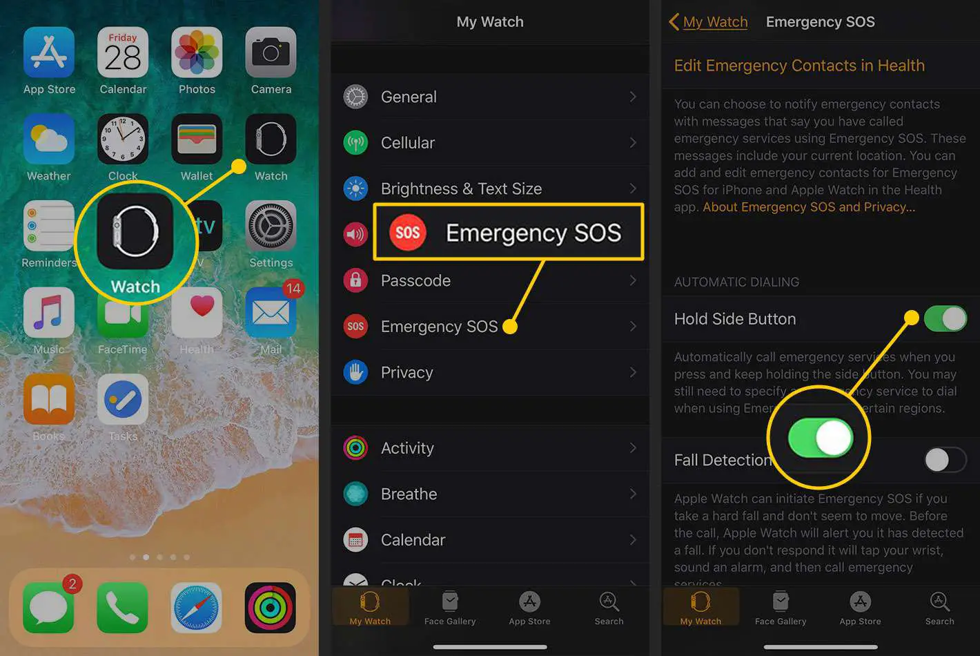 Configurações de emergência SOS no aplicativo iPhone Watch