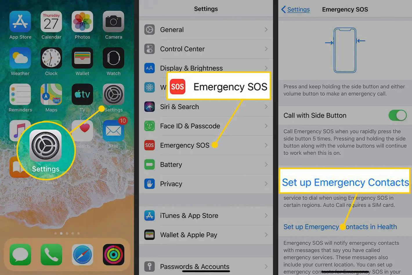 Configurar contatos de emergência em um iPhone
