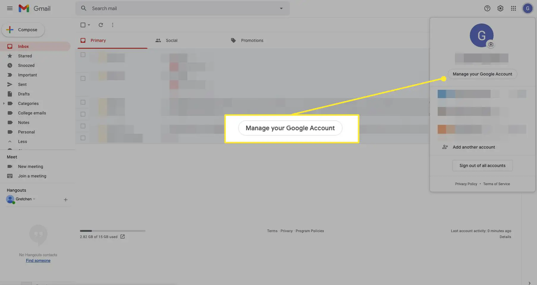 Configurações do Gmail com Gerenciar sua conta do Google destacado