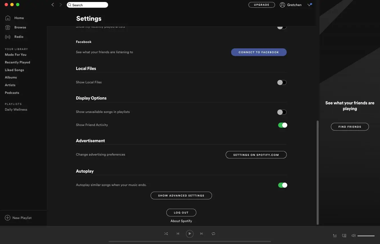 Opção de configurações avançadas do Spotify para solucionar erros de reprodução de música