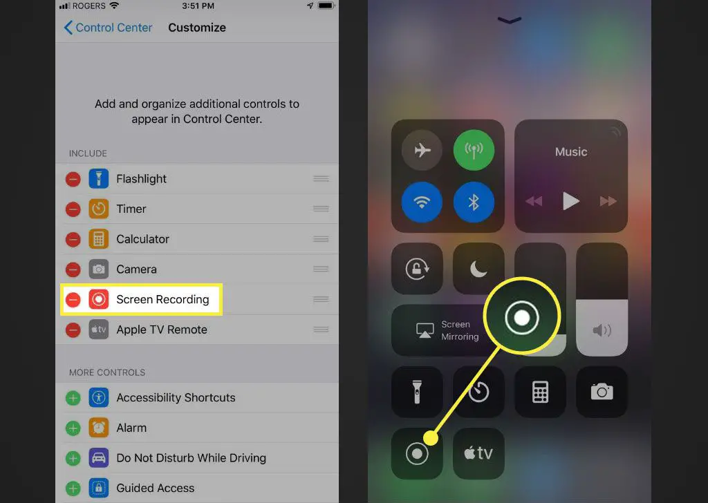 A opção de gravação de tela e o botão no iOS