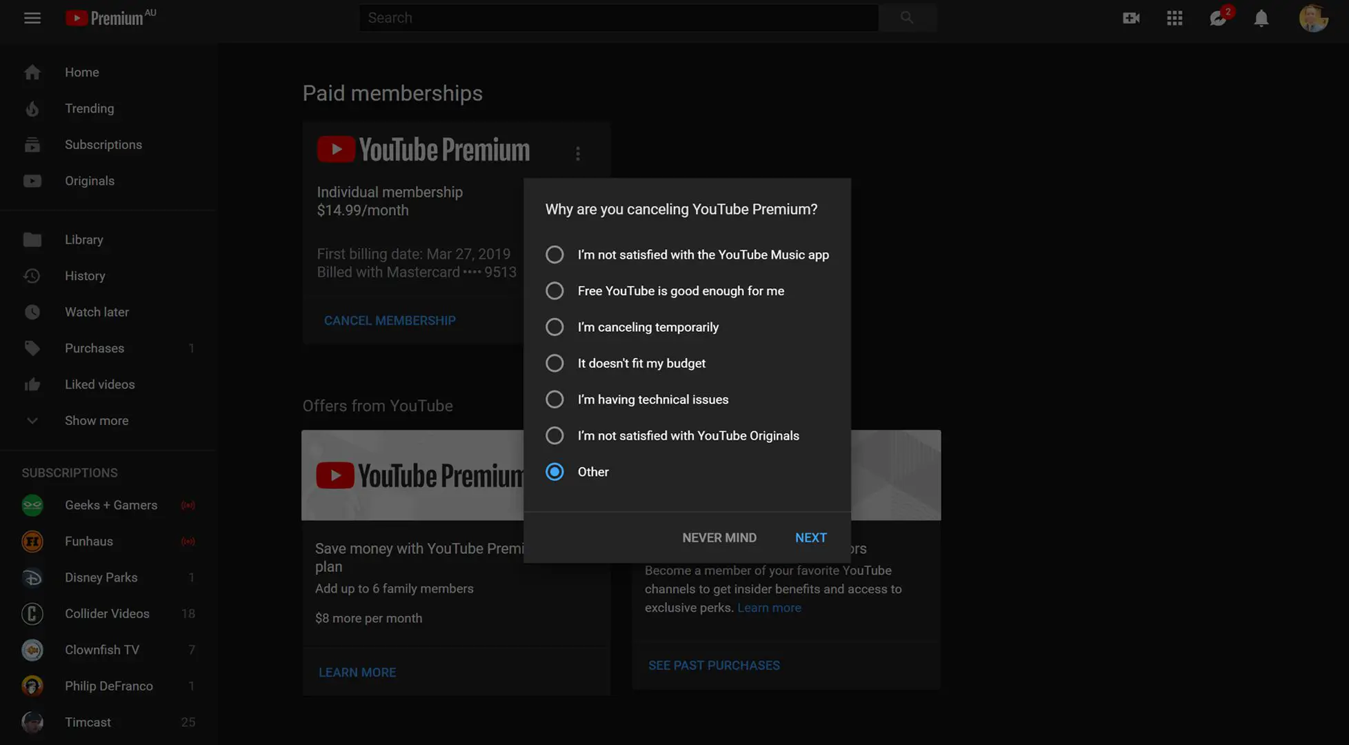 Cancelamento do YouTube Premium no site do YouTube.