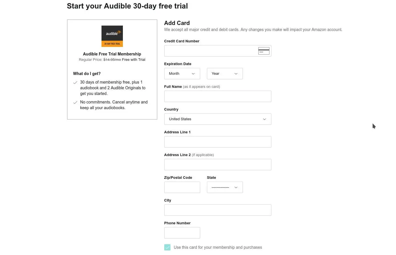Adicione um método de pagamento à sua conta da Amazon para começar a usar o Audible.