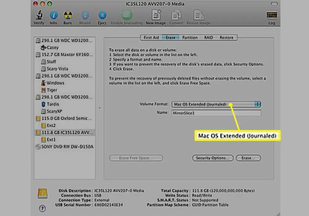 Formato de volume do utilitário de disco com Mac OS Extended (registrado) selecionado