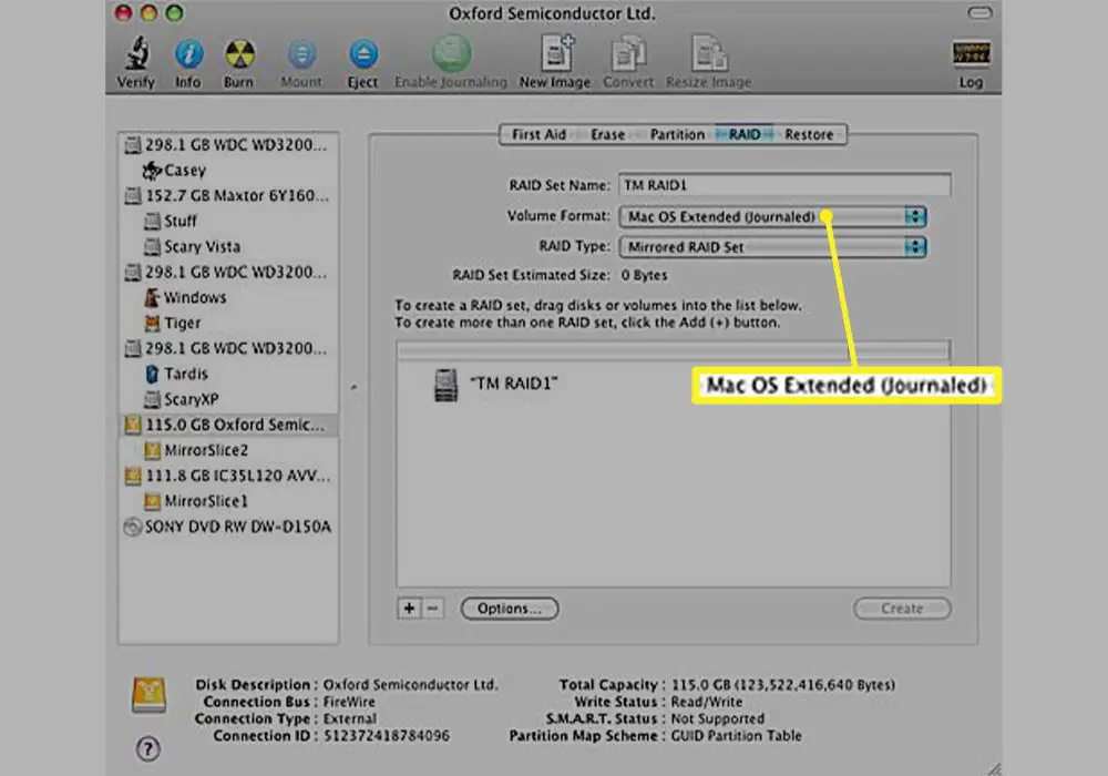 Mac OS Extended (Journaled) selecionado na guia RAID do Utilitário de Disco