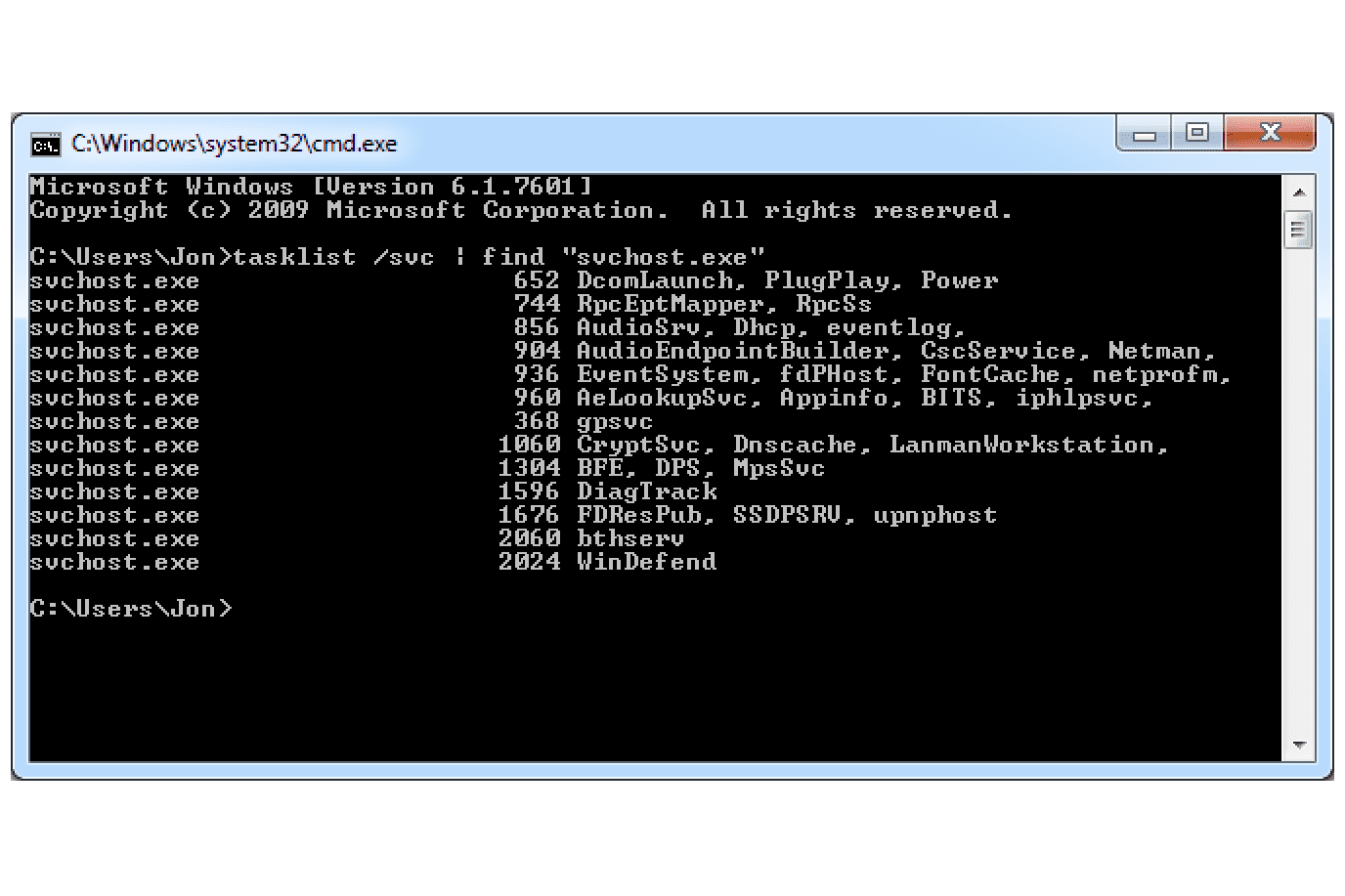 Comando Tasklist / svc no Windows 7