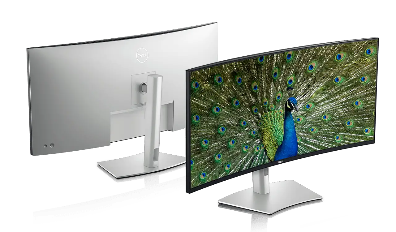 Vistas frontal e traseira dos monitores de videoconferência da Dell