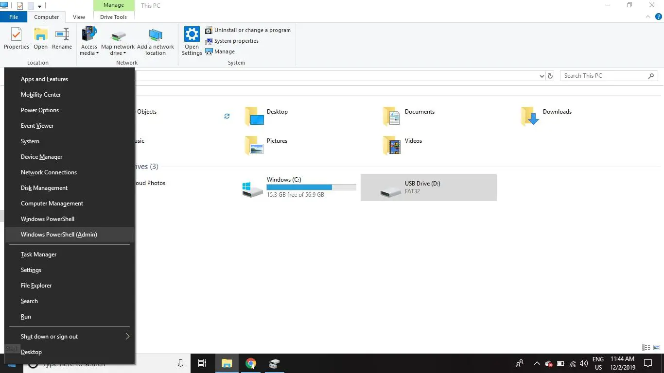 Clique com o botão direito no menu Iniciar e selecione Windows PowerShell (Admin) no Windows 10.