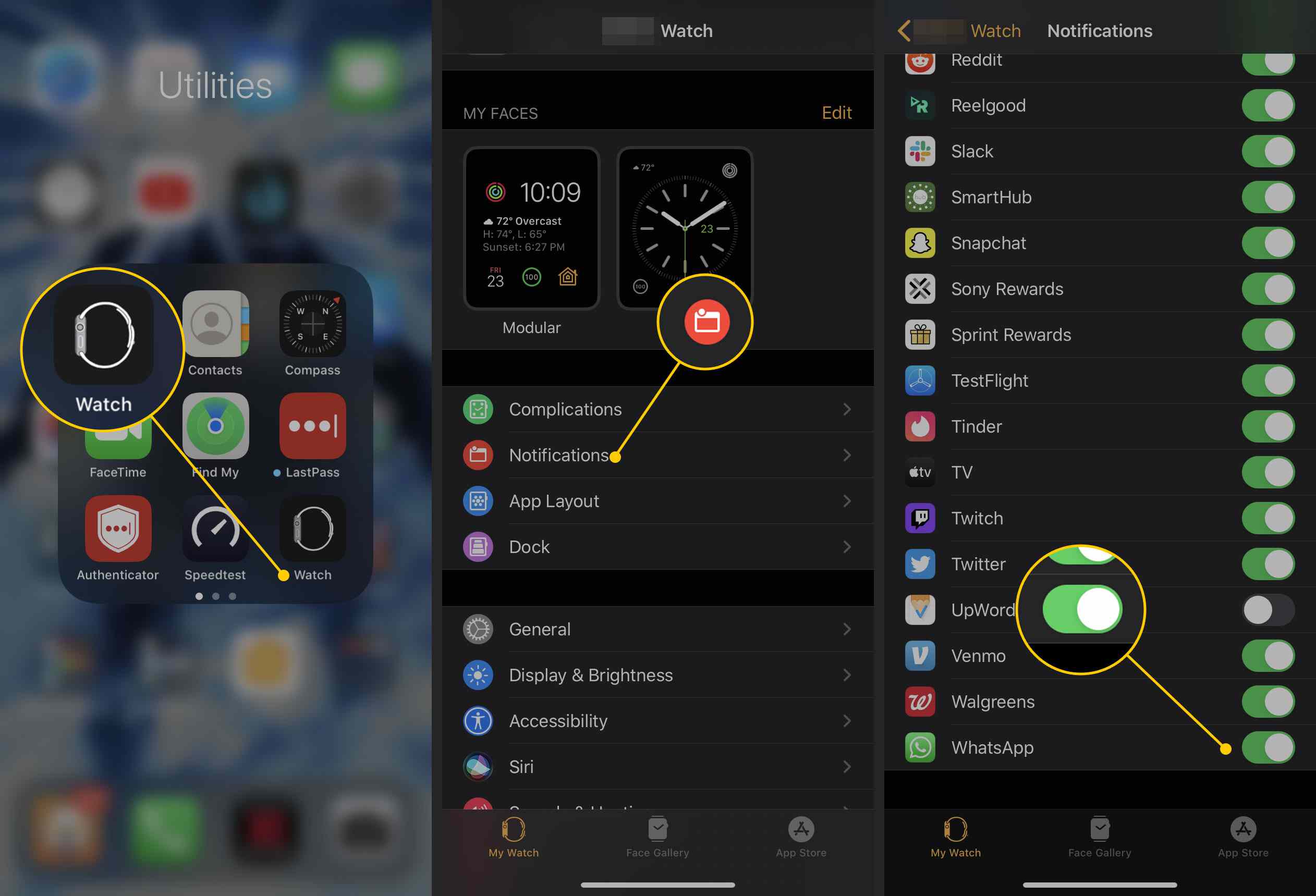 Configurações de notificação no aplicativo iOS Watch