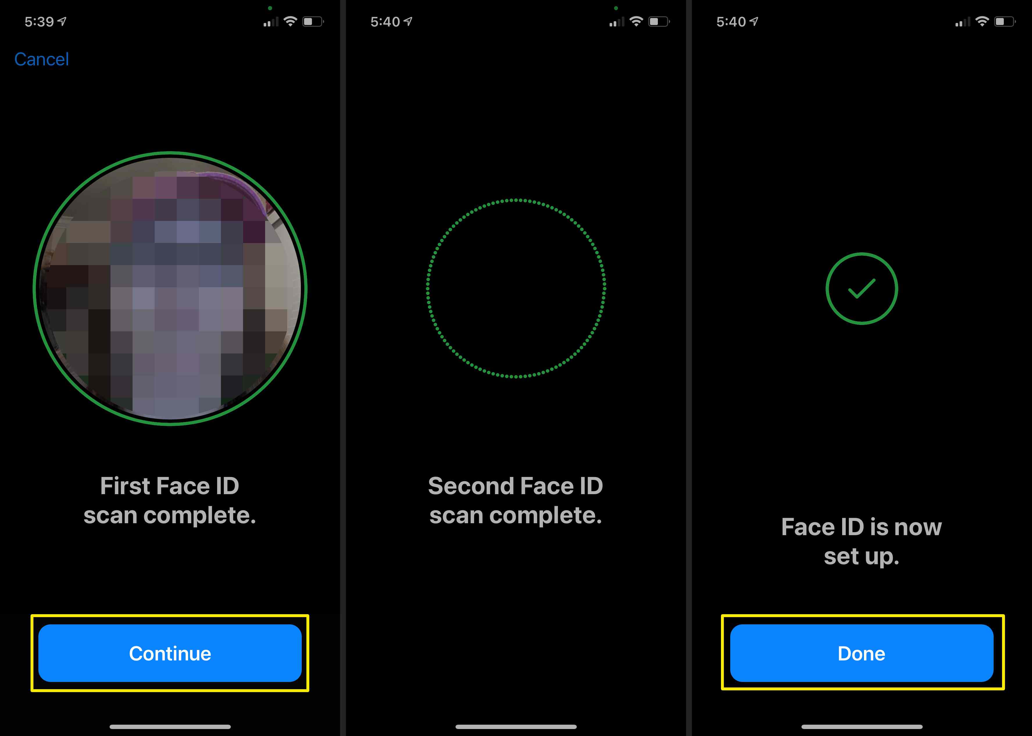 Capturas de tela da finalização da varredura de rosto para uma aparência alternativa no iPhone.