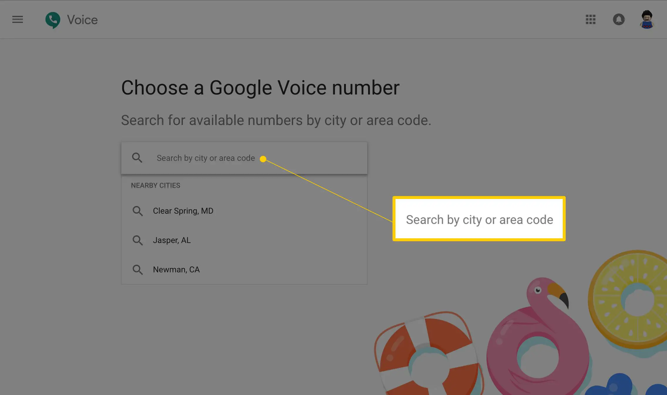 Pesquise por cidade ou código de área na página do Google Voice