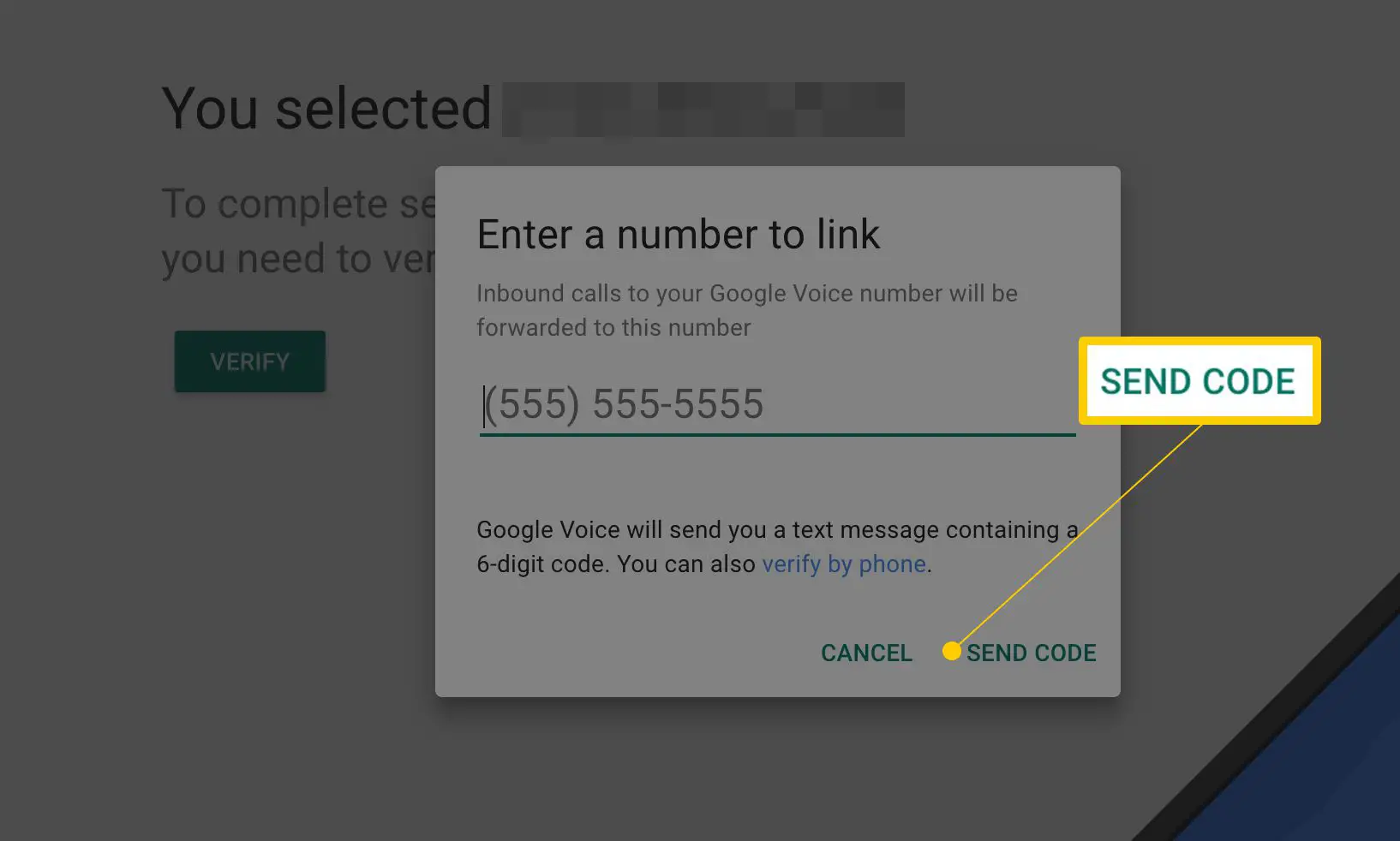 Botão Enviar código nas páginas de configuração do Google Voice