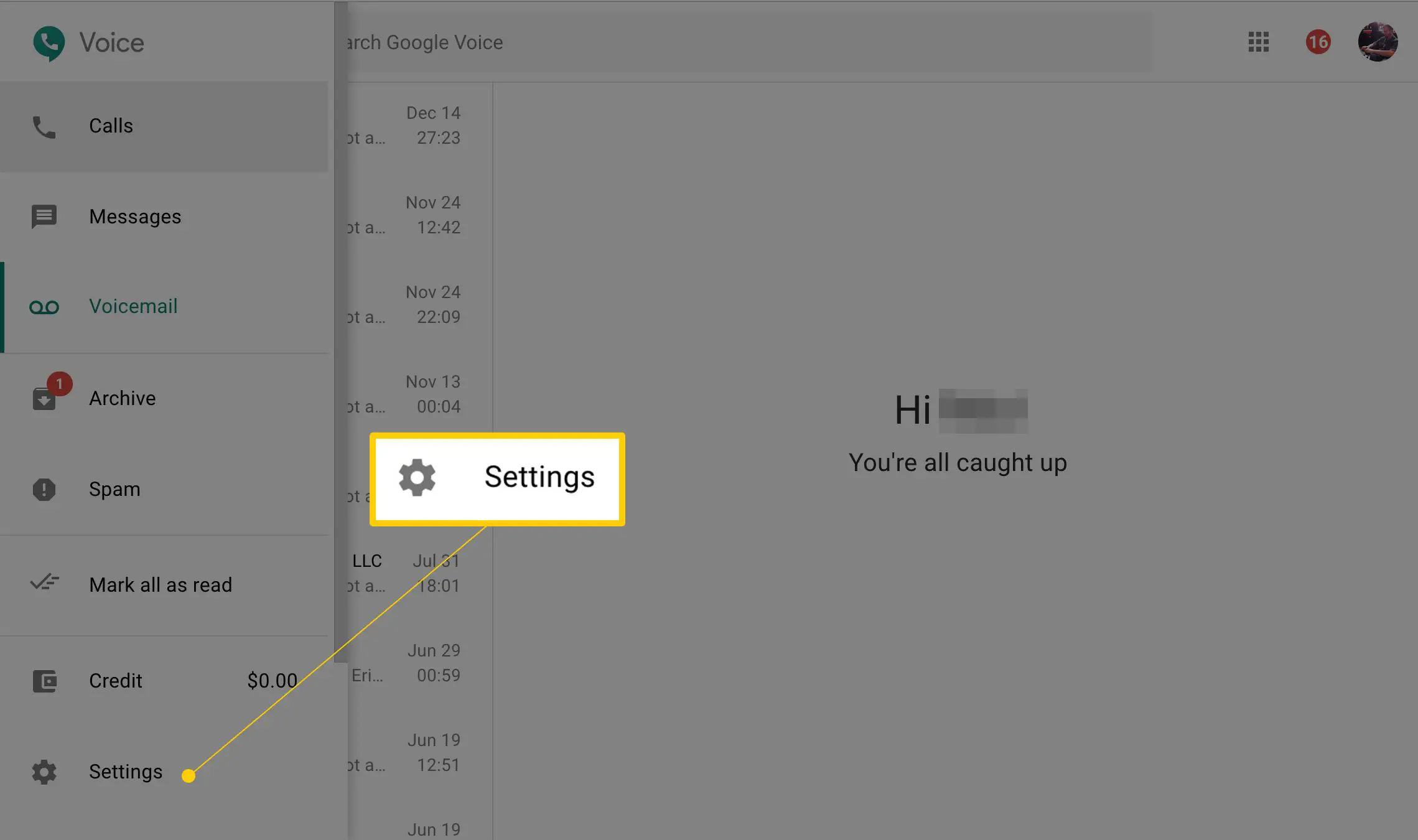 Configurações no menu do Google Voice