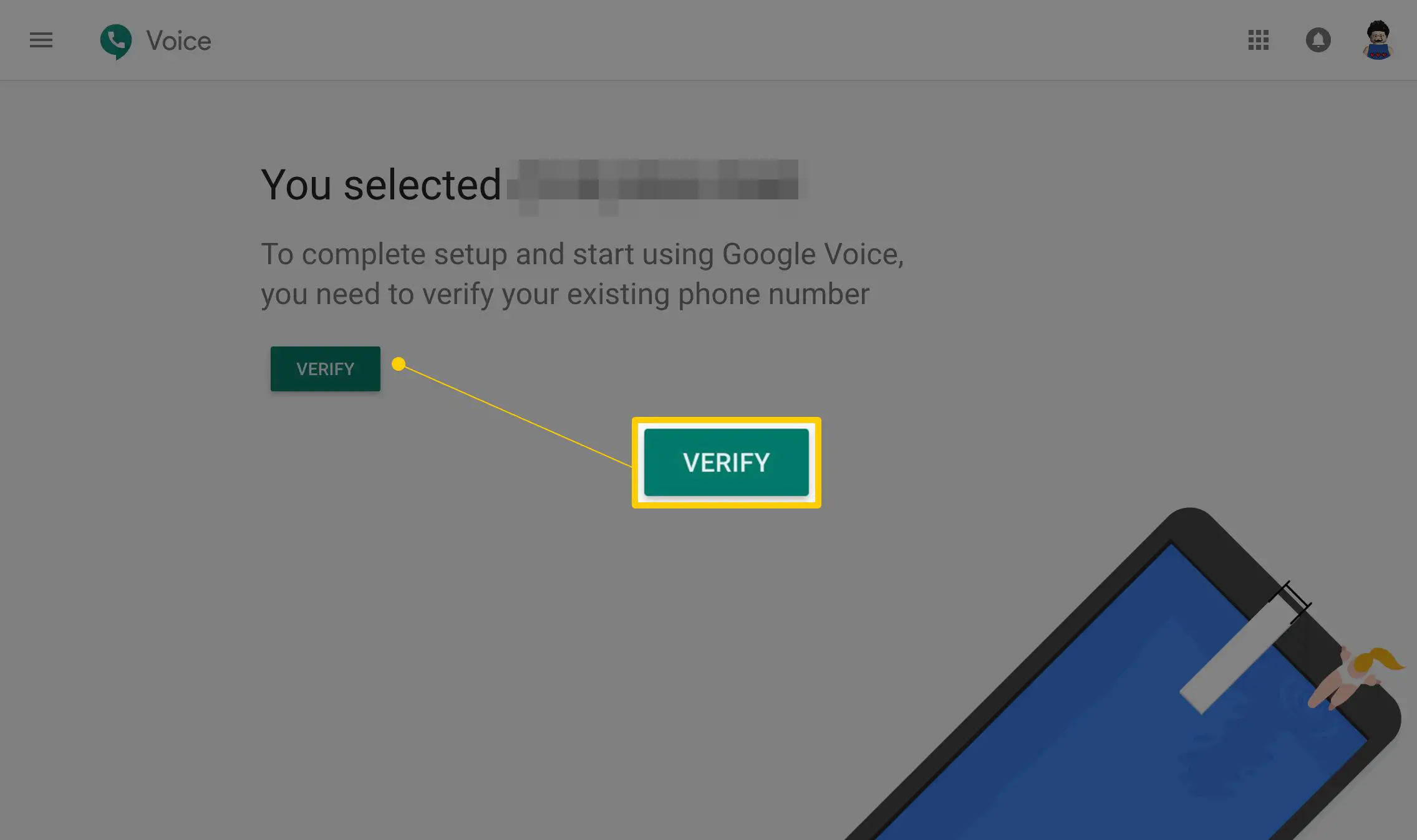 Botão de verificação após a seleção do número no Google Voice