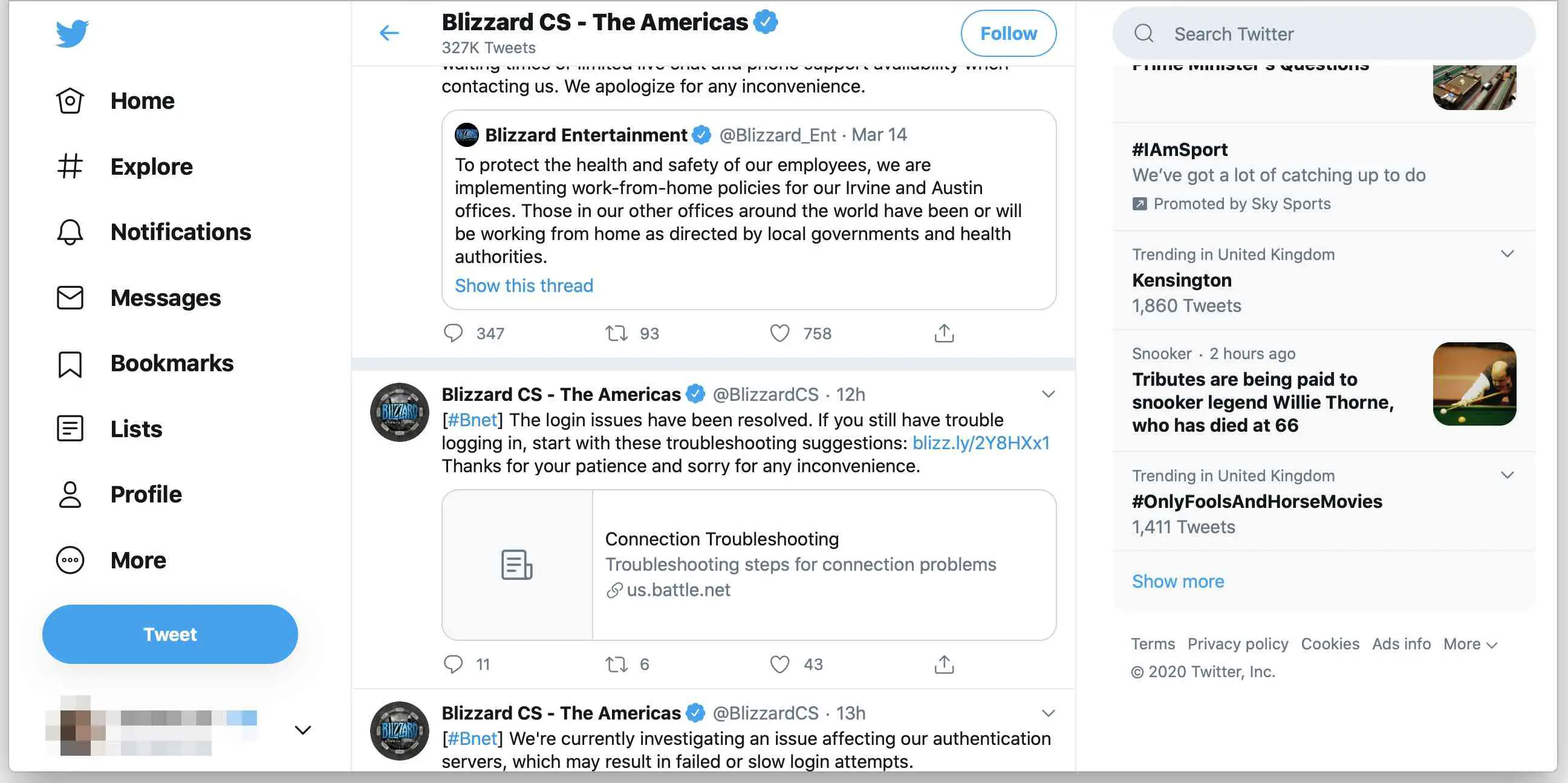 Conta de atendimento ao cliente da Blizzard no Twitter