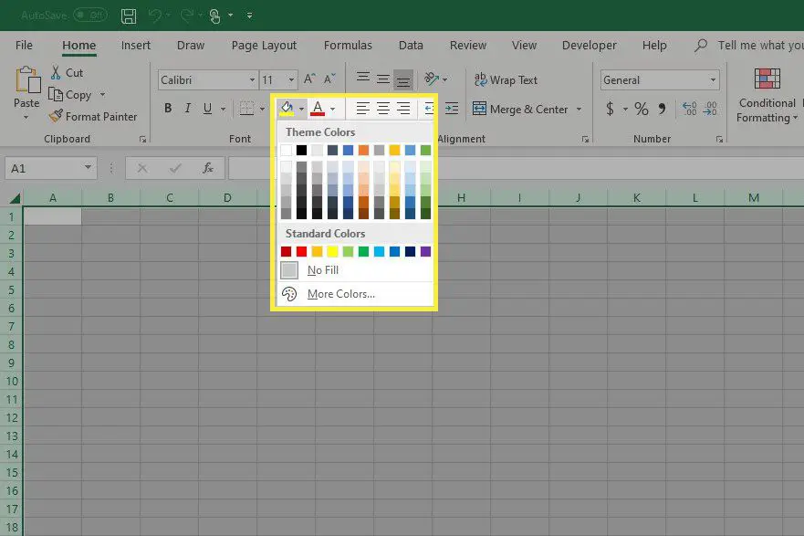 Opções de cores de preenchimento do Excel