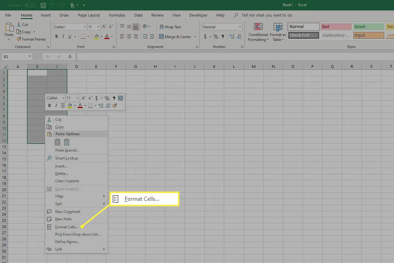 O menu do botão direito no Excel