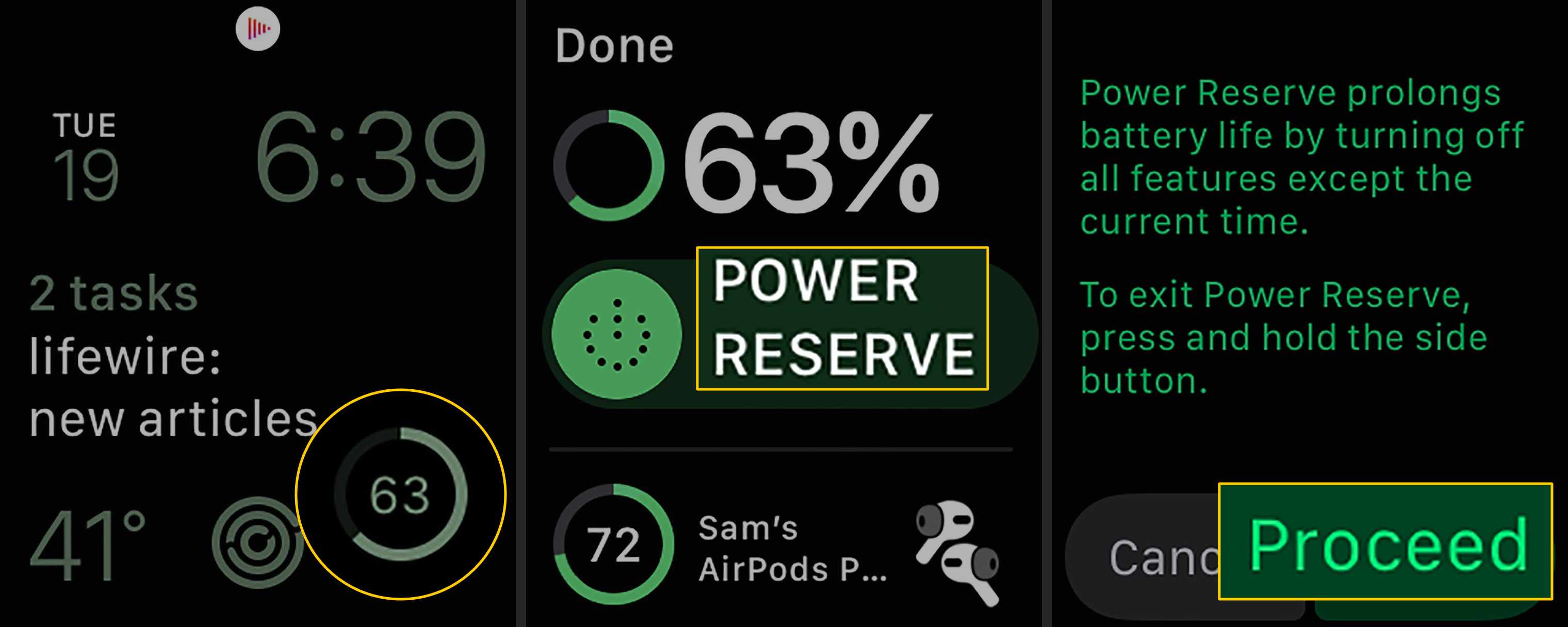 Indicador de bateria, botão de reserva de energia, botão Continuar no Apple Watch
