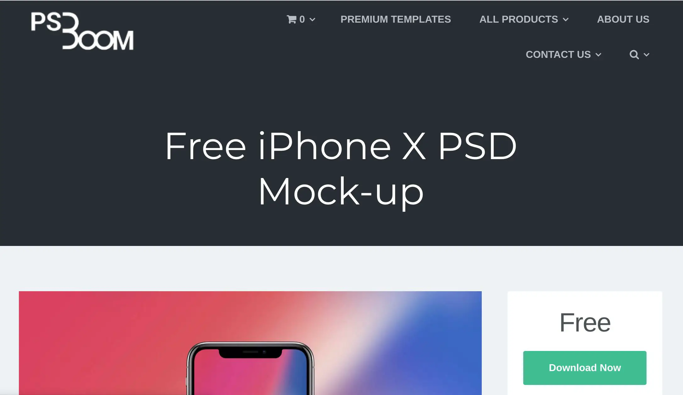Site do PS Boom mostrando o iPhone X PSD Mock-up grátis
