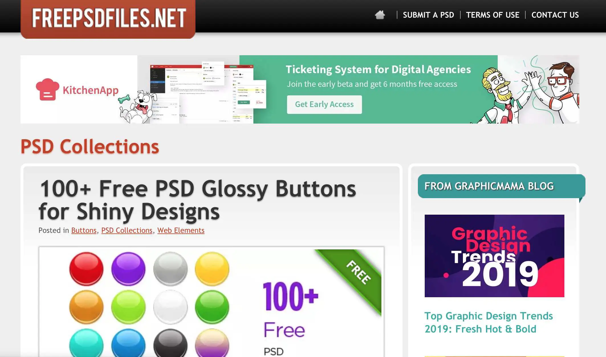 Site FreePSDFiles.net mostrando coleções PSD e mais de 100 botões brilhantes PSD grátis para designs brilhantes