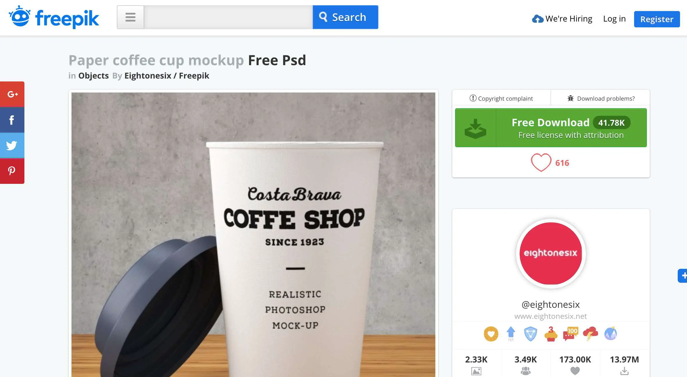 Site do Freepik mostrando a maquete da xícara de café em papel Psd grátis