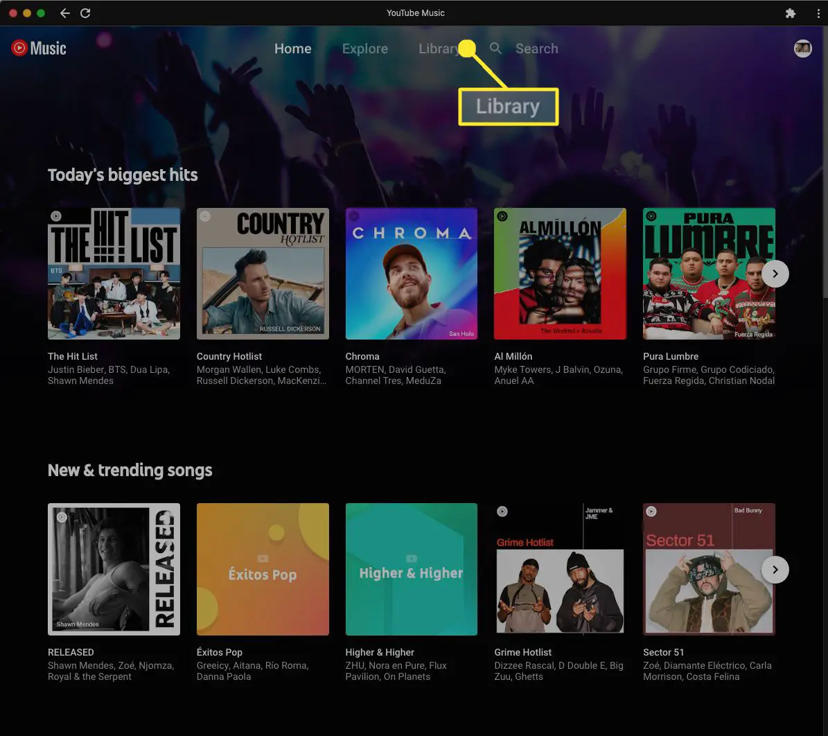 No Chromebook, navegue até o aplicativo YouTube Music e selecione Biblioteca. 