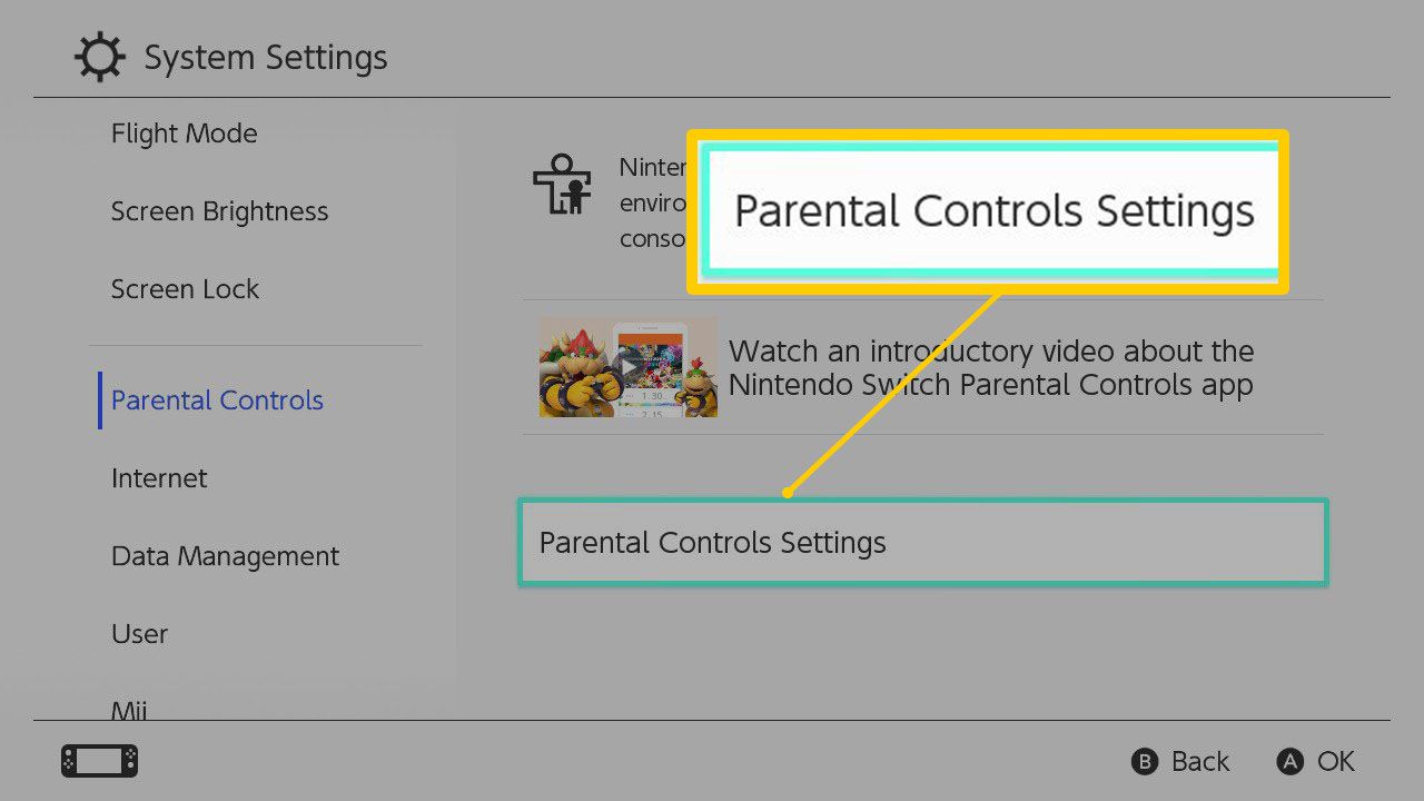 A opção de configuração do Nintendo Switch Parental Controls