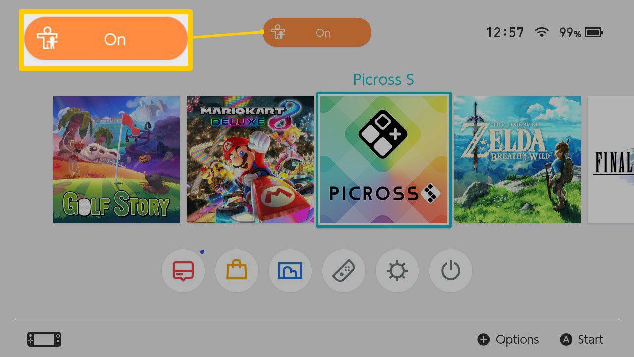 A tela inicial do Nintendo Switch com os controles dos pais habilitados